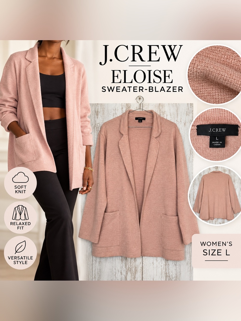 J.Crew Eloise Sweater-Blazer Women’s Size L Blush Pink Merino Wool Blend